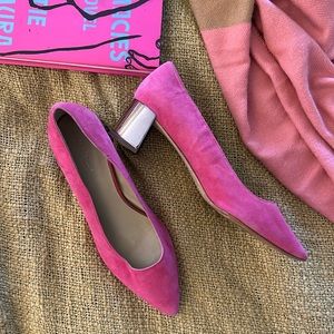 Ann Taylor Pink Suede Pumps with silver Block Heel